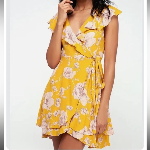 Free People Dresses & Skirts - Free People Yellow Floral French Quarter Mini Ruffled Wrap Dress